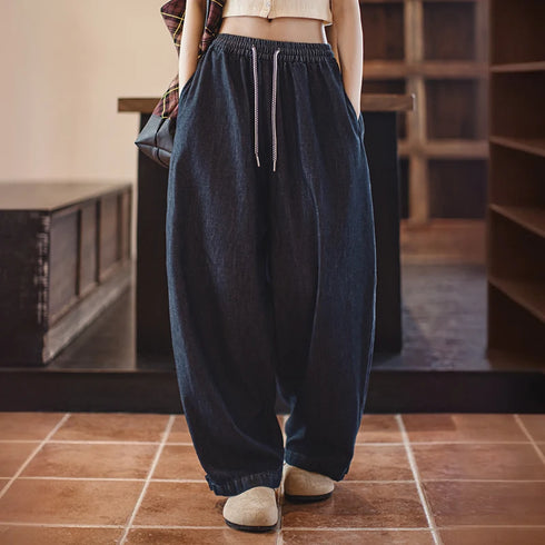 Premium Women's Retro Tapered Jeans – Soft Stretch Banana Pants with Elastic Drawstring Waist, Cool Blue Spring Trousers